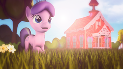 Size: 3840x2158 | Tagged: safe, artist:selestlight, diamond tiara, g4, 3d, female, flower, grass, high res, lens flare, ponyville schoolhouse, solo, source filmmaker, tree