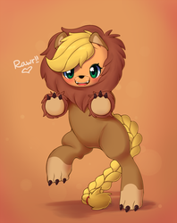 Size: 1000x1264 | Tagged: safe, artist:joyfulinsanity, applejack, earth pony, pony, g4, applelion, bipedal, clothes, costume, cute, fangs, female, looking at you, rearing, solo