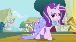 Size: 1280x720 | Tagged: safe, artist:luckyclau, carrot top, golden harvest, starlight glimmer, g4, accessory swap, alternate hairstyle, alternate universe, hilarious in hindsight, stage, the great and powerful, trixie's cape
