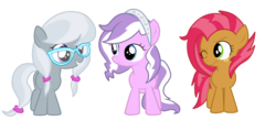 Size: 2299x1000 | Tagged: safe, artist:luckyclau, babs seed, diamond tiara, silver spoon, earth pony, pony, g4, alternate hairstyle, alternate universe, female, filly, foal, one eye closed, simple background, transparent background, trio, trio female