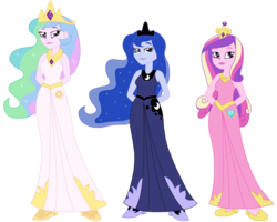 Size: 3750x3000 | Tagged: safe, artist:rebelprincess59, dean cadance, princess cadance, princess celestia, princess luna, principal celestia, vice principal luna, human, equestria girls, g4, clothes, dress, female, hands behind back, high res, humanized, multicolored hair, pink dress, simple background, transparent background, trio, trio female, vector, white dress