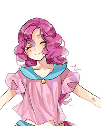 Size: 400x500 | Tagged: safe, artist:leab-lb, pinkie pie, human, g4, belly button, blushing, eyes closed, female, humanized, midriff, pixiv, solo