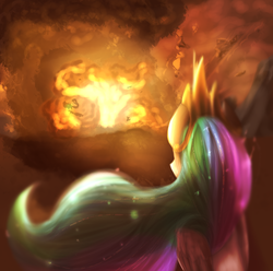 Size: 2000x1983 | Tagged: safe, artist:segraece, princess celestia, g4, explosion, female, fire, looking at something, looking away, rear view, solo