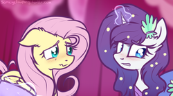 Size: 1024x574 | Tagged: safe, artist:suenden-hund, fluttershy, rarity, g4, scare master, blushing, floppy ears, gritted teeth, magic, scene interpretation