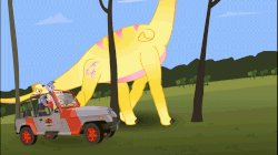 Size: 858x480 | Tagged: safe, artist:jacob kitts, applejack, daring do, fluttershy, twilight sparkle, brachiosaurus, dinosaur, sauropod, g4, animated, camera pan, car, dinosaurified, eating, female, herbivore, jeep, jeep wrangler, jurassic park, majestic as fuck, not salmon, open mouth, parody, puffy cheeks, re-enacted by ponies, smiling, species swap, wat, wings