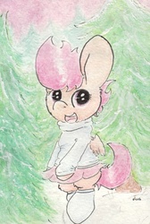 Size: 690x1027 | Tagged: safe, artist:slightlyshade, scootaloo, g4, clothes, cute, female, skirt, skirt pull, socks, solo, sweater, traditional art