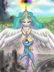 Size: 1500x2000 | Tagged: dead source, safe, artist:versimer, princess celestia, oc, oc:celestai, oc:little lovehorn, alicorn, pony, unicorn, fanfic:friendship is optimal, g4, artificial intelligence, blank flank, building, canterlot, car, cover, fanfic, fanfic art, fanfic cover, female, highway, mare, virtual reality