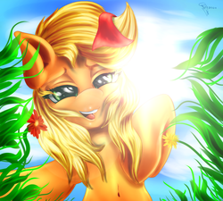 Size: 3000x2700 | Tagged: safe, artist:ferasor, applejack, g4, belly button, female, flower, grass, high res, looking at you, looking down, loose hair, solo, sun