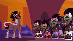 Size: 1889x1071 | Tagged: safe, screencap, ivory, ivory rook, king sombra, rubinstein, crystal pony, pony, unicorn, g4, the cutie re-mark, blank flank, crystal empire, crystal war timeline, discovery family logo, male, mind control, soldiers, sombra soldier, stallion
