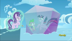 Size: 1885x1067 | Tagged: safe, screencap, spike, starlight glimmer, twilight sparkle, alicorn, pony, g4, the cutie re-mark, bondage, cloudsdale, crystal, discovery family logo, encasement, female, glowing horn, horn, levitation, magic, mare, s5 starlight, self-levitation, stuck, telekinesis, twilight sparkle (alicorn)