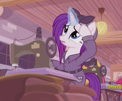 Size: 1223x1006 | Tagged: safe, screencap, rarity, pony, unicorn, g4, the cutie re-mark, alternate hairstyle, clothes, crystal war timeline, discovery family logo, glowing horn, horn, jumpsuit, overalls, rarity the riveter, sewing machine