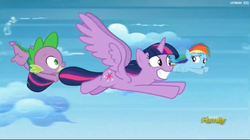 Size: 1909x1071 | Tagged: safe, screencap, rainbow dash, spike, twilight sparkle, alicorn, pony, g4, the cutie re-mark, discovery family logo, female, filly, grin, mare, out of context, smiling, twilight sparkle (alicorn)