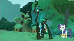 Size: 1913x1067 | Tagged: safe, screencap, queen chrysalis, rainbow dash, rarity, changeling, changeling queen, g4, the cutie re-mark, alternate timeline, chrysalis resistance timeline, discovery family logo, female