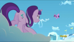 Size: 1901x1079 | Tagged: safe, screencap, starlight glimmer, twilight sparkle, alicorn, pony, g4, the cutie re-mark, angry, butt, cloudsdale, discovery family logo, female, glimmer glutes, mare, plot, s5 starlight, twilight sparkle (alicorn), twilight sparkle is not amused, unamused