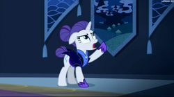 Size: 1893x1063 | Tagged: safe, screencap, rarity, g4, the cutie re-mark, bun, castle of the royal pony sisters, female, floppy ears, frown, glare, night maid rarity, nightmare takeover timeline, open mouth, pointing, solo