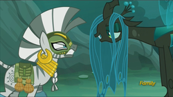 Size: 1920x1080 | Tagged: safe, screencap, queen chrysalis, zecora, changeling, changeling queen, zebra, g4, the cutie re-mark, alternate timeline, angry, chrysalis resistance timeline, discovery family logo, eye contact, female, glare, gritted teeth, mask, open mouth, resistance leader zecora, saddle bag, smirk