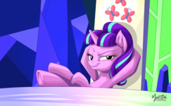 Size: 2560x1600 | Tagged: safe, artist:mysticalpha, starlight glimmer, pony, unicorn, g4, the cutie re-mark, female, friendship throne, lidded eyes, looking at you, mare, s5 starlight, scene interpretation, signed, smirk, smug, smuglight glimmer, sneaky signature, solo, that was fast, welcome home twilight