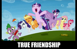 Size: 776x500 | Tagged: safe, screencap, applejack, fluttershy, pinkie pie, rainbow dash, rarity, spike, starlight glimmer, twilight sparkle, alicorn, pony, g4, the cutie re-mark, caption, discovery family logo, female, friends are always there for you, friendship, mane seven, mane six, mare, s5 starlight, text, twilight sparkle (alicorn)