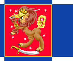 Size: 1884x1571 | Tagged: safe, artist:nipa, applejack, g4, applelion, clothes, female, finland, flag, solo, sword, weapon
