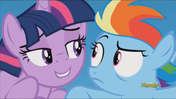 Size: 1920x1080 | Tagged: safe, screencap, rainbow dash, twilight sparkle, alicorn, pony, the cutie re-mark, discovery family logo, eye contact, female, filly rainbow dash, flying, frown, grin, lidded eyes, lip bite, mare, out of context, raised eyebrow, smiling, stranger danger, this will end in timeline distortion, twilest dashle, twilight is a foal fiddler, twilight sparkle (alicorn), wide eyes, younger