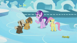 Size: 500x281 | Tagged: safe, screencap, dumbbell, fluttershy, hoops, starlight glimmer, g4, the cutie re-mark, animated, discovery family, discovery family logo, female, filly, filly fluttershy, talking, younger