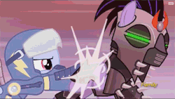 Size: 400x226 | Tagged: safe, screencap, ivory, ivory rook, rainbow dash, rubinstein, crystal pony, pegasus, pony, g4, the cutie re-mark, amputee, animated, apocalypse dash, armor, artificial wings, augmented, badass, clothes, crystal war timeline, discovery family logo, epic, fight, glare, kicking, mind control, prosthetic limb, prosthetic wing, prosthetics, sombra soldier, uniform, wings