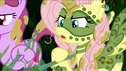 Size: 1920x1080 | Tagged: safe, screencap, berry punch, berryshine, fluttershy, g4, the cutie re-mark, alternate timeline, chrysalis resistance timeline, discovery family logo, tribalshy