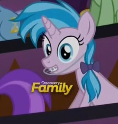 Size: 502x528 | Tagged: safe, screencap, air way, pearly whites, pony, g4, the cutie re-mark, braces, discovery family logo, headgear, solo, teenager
