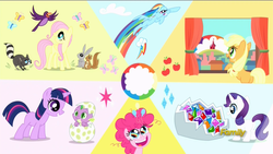 Size: 1920x1080 | Tagged: safe, screencap, applejack, fluttershy, pinkie pie, rainbow dash, rarity, spike, twilight sparkle, g4, the cutie mark chronicles, the cutie re-mark, discovery family logo, filly, mane seven, mane six, younger