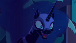Size: 1920x1080 | Tagged: safe, screencap, nightmare moon, alicorn, pony, g4, the cutie re-mark, ethereal hair, ethereal mane, fangs, female, helmet, horn, jewelry, mare, night, nightmare takeover timeline, now that's something i would like to see, regalia, sharp teeth, slit pupils, solo, starry mane, teeth, wings