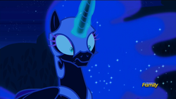 Size: 1920x1080 | Tagged: safe, screencap, nightmare moon, g4, the cutie re-mark, discovery family logo, female, frown, glowing horn, horn, magic, nightmare takeover timeline, solo, wide eyes