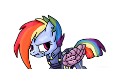 Size: 1280x720 | Tagged: safe, artist:mojo1985, rainbow dash, g4, the cutie re-mark, amputee, apocalypse dash, artificial wings, augmented, clothes, crystal war timeline, glare, gritted teeth, mechanical wing, prosthetic limb, prosthetic wing, prosthetics, scar, torn ear, uniform, wings