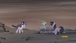 Size: 1920x1080 | Tagged: safe, screencap, spike, starlight glimmer, twilight sparkle, alicorn, pony, g4, the cutie re-mark, alternate timeline, ashlands timeline, barren, cutie map, discovery family logo, female, implied genocide, mare, post-apocalyptic, s5 starlight, twilight sparkle (alicorn), wasteland, windswept mane, you know for kids