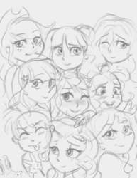 Size: 3700x4800 | Tagged: safe, artist:mrscurlystyles, applejack, fluttershy, gummy, pinkie pie, rainbow dash, rarity, spike, starlight glimmer, sunset shimmer, twilight sparkle, human, alternate mane seven, blushing, cute, eyes closed, grayscale, humanized, looking at you, mane nine, mane seven, mane six, monochrome, one eye closed, picture, smiling, tongue out