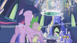Size: 400x225 | Tagged: safe, screencap, spike, starlight glimmer, twilight sparkle, alicorn, dragon, pony, unicorn, g4, the cutie re-mark, animated, butt, cutie map, discovery family logo, female, friendship throne, hug, male, mare, plot, protecting, spikelove, time vortex, twilight sparkle (alicorn), winghug