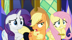 Size: 1920x1080 | Tagged: safe, screencap, applejack, fluttershy, rarity, g4, the cutie re-mark, discovery family logo