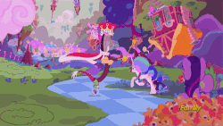 Size: 500x281 | Tagged: safe, screencap, discord, princess celestia, princess luna, screwball, spike, twilight sparkle, alicorn, draconequus, dragon, earth pony, pony, g4, season 5, the cutie re-mark, afro, animated, chaos, chaotic timeline, chase, chocolate, chocolate rain, clown, clown celestia, clown luna, clown nose, cute, cutelestia, discorded landscape, discovery family, discovery family logo, female, floating island, food, frolestia, king discord, lunafro, mare, pure unfiltered evil, rain, red nose, twilight scepter, twilight sparkle (alicorn), unicycle, upside down, wig