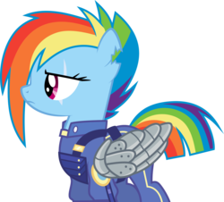 Size: 4000x3613 | Tagged: dead source, safe, artist:xebck, rainbow dash, pony, g4, the cutie re-mark, alternate timeline, apocalypse dash, armor, augmented, badass, clothes, crystal war timeline, epic, female, frown, glare, high res, prosthetic limb, prosthetic wing, prosthetics, scar, simple background, solo, that was fast, torn ear, transparent background, uniform, vector