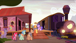 Size: 1920x1080 | Tagged: safe, screencap, cerise sunrise, doctor whooves, high note, king sombra, sea swirl, seafoam, time turner, earth pony, pony, unicorn, g4, the cutie re-mark, alternate timeline, boxcar, butt, crystal war timeline, discovery family logo, female, filly, foal, fridge horror, graffiti, kilroy was here, magic, male, mare, plot, poster, propaganda, rosie the riveter, royal guard, stallion, tank engine, the implications are horrible, train, train station, unicorn royal guard