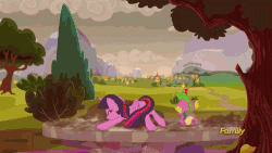 Size: 500x281 | Tagged: safe, screencap, flam, flim, spike, twilight sparkle, alicorn, dragon, pony, unicorn, g4, the cutie re-mark, alternate timeline, animated, backhoe, brothers, butt, cutie map, discovery family, discovery family logo, ecocide, excavator, female, flim flam brothers, flim flam industry timeline, fuzzy dice, harvester, industry, male, mare, plot, pure unfiltered evil, stallion, tree, twilight sparkle (alicorn)