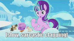 Size: 500x281 | Tagged: safe, edit, edited screencap, screencap, dumbbell, fluttershy, hoops, starlight glimmer, pony, g4, the cutie re-mark, 8^y, animated, clapping, colt, descriptive noise, faic, female, filly, glowing horn, horn, image macro, levitation, looking at you, magic, male, mare, meme, sarcasm, self-levitation, starlight says bravo, telekinesis