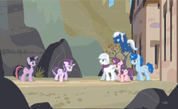 Size: 400x244 | Tagged: safe, screencap, double diamond, night glider, party favor, starlight glimmer, sugar belle, twilight sparkle, alicorn, earth pony, pegasus, pony, unicorn, g4, the cutie re-mark, animated, apology, begging, equal four, female, floppy ears, forgiveness, friends are always there for you, group hug, male, mare, our town, second chances, stallion, twilight sparkle (alicorn)