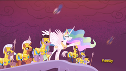 Size: 1920x1080 | Tagged: safe, screencap, princess celestia, alicorn, earth pony, pegasus, pony, unicorn, g4, the cutie re-mark, alternate timeline, armor, crystal war timeline, discovery family logo, earth pony royal guard, female, fight, gritted teeth, male, mare, pointing, royal guard, spear, stallion, unicorn royal guard, war, weapon