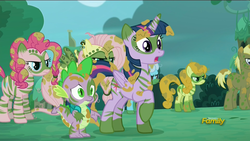 Size: 1920x1080 | Tagged: safe, screencap, carrot top, coco crusoe, fluttershy, golden harvest, linky, pinkie pie, shoeshine, spike, twilight sparkle, alicorn, dragon, earth pony, pegasus, pony, g4, the cutie re-mark, alternate timeline, backpack, camouflage, chrysalis resistance timeline, discovery family logo, ear piercing, earring, female, jewelry, male, mare, piercing, stallion, tribal pie, tribalshy, twilight sparkle (alicorn)