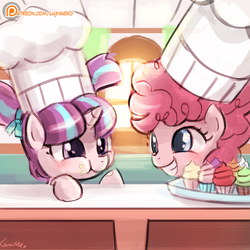 Size: 750x750 | Tagged: safe, artist:lumineko, pinkie pie, starlight glimmer, earth pony, pony, unicorn, the cutie re-mark, :t, chef's hat, cupcake, cute, diapinkes, duo, duo female, eating, female, filly, filly pinkie pie, filly starlight glimmer, food, glimmerbetes, grin, hat, hnnng, lumineko is trying to murder us, messy, patreon, patreon logo, pigtails, puffy cheeks, scene interpretation, smiling, squee, younger
