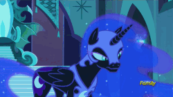 Size: 500x281 | Tagged: safe, screencap, nightmare moon, spike, g4, the cutie re-mark, alternate timeline, animated, chains, discovery family, discovery family logo, frown, glare, grin, hostage, levitation, lip bite, magic, nightmare takeover timeline, smirk, suspicious, talking, telekinesis, wide eyes