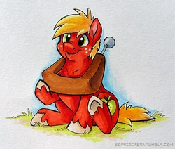 Size: 980x832 | Tagged: safe, artist:spainfischer, big macintosh, earth pony, pony, g4, cute, horse collar, macabetes, male, solo, stallion, traditional art, underhoof, weapons-grade cute, younger