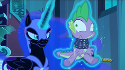 Size: 1920x1080 | Tagged: safe, screencap, nightmare moon, spike, g4, the cutie re-mark, alternate timeline, bondage, chains, discovery family logo, nightmare takeover timeline, squeezing, tied up, unsexy bondage