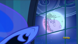 Size: 1920x1080 | Tagged: safe, screencap, nightmare moon, princess celestia, g4, the cutie re-mark, alternate timeline, banishment, close-up, discovery family logo, mare in the moon - celestia, moon, nightmare takeover timeline, pointing, window