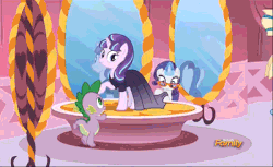 Size: 400x244 | Tagged: safe, screencap, rarity, spike, starlight glimmer, g4, the cutie re-mark, animated, carousel boutique, clothes, diamond, discovery family logo, dress, friends are always there for you, jewels, mirror, platform